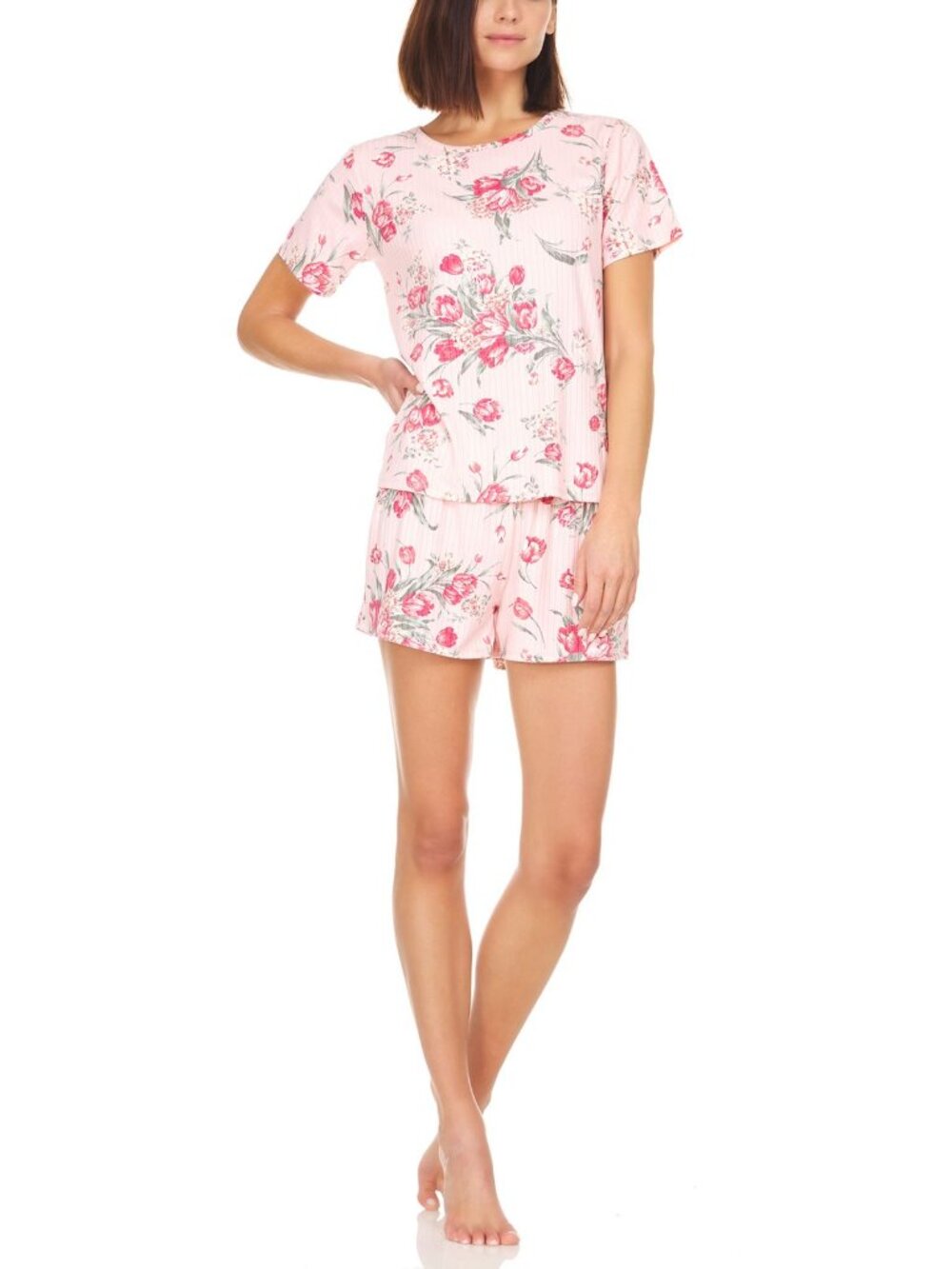 Flora by Flora Nikrooz Womens Averie Rib-Knit T-Shirt & Shorts Pajama Set